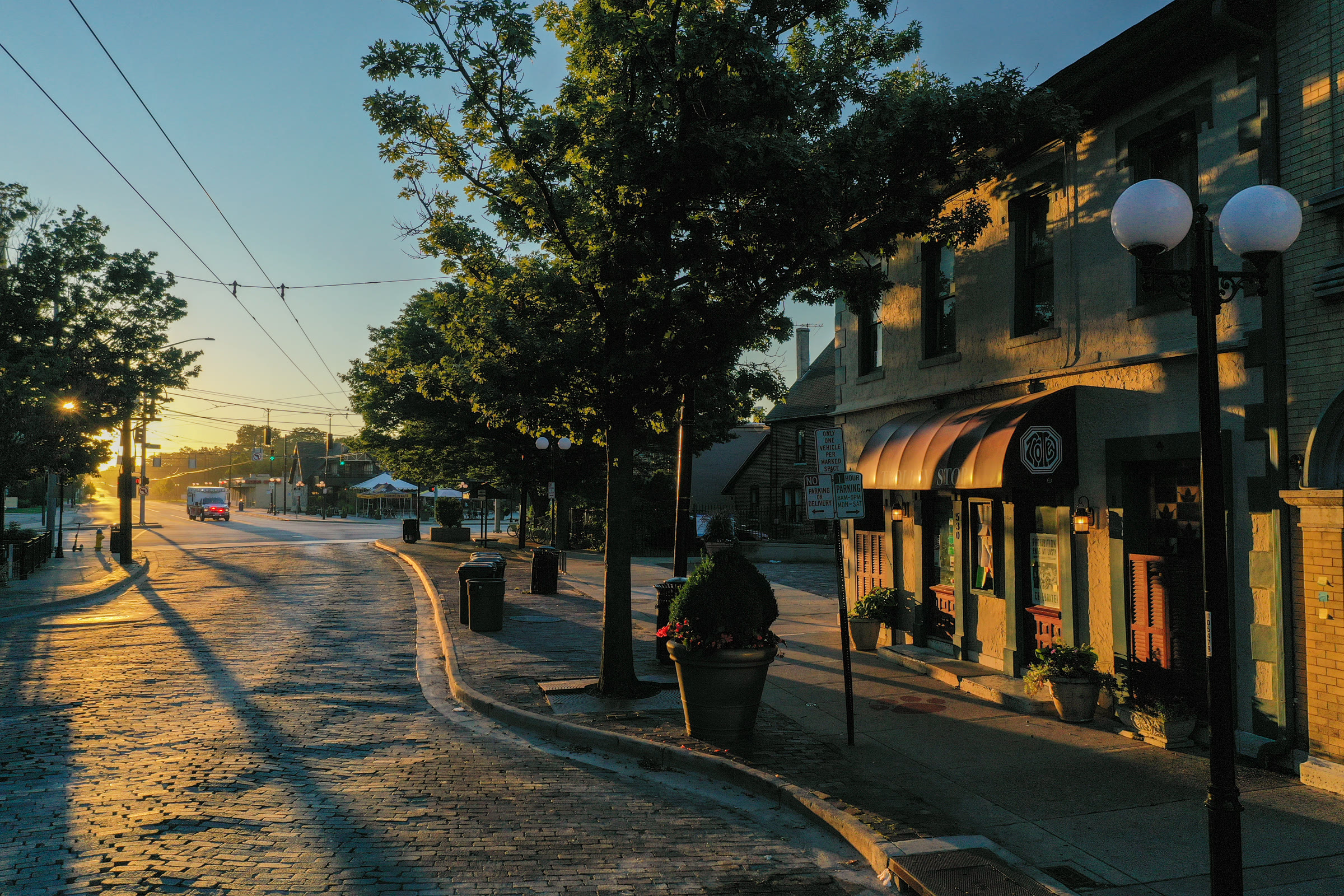 Historic Oregon District street at golden hour